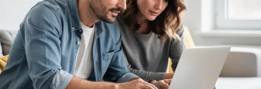 Couple français consultant une estimation immobilière en ligne dans leur salon lumineux