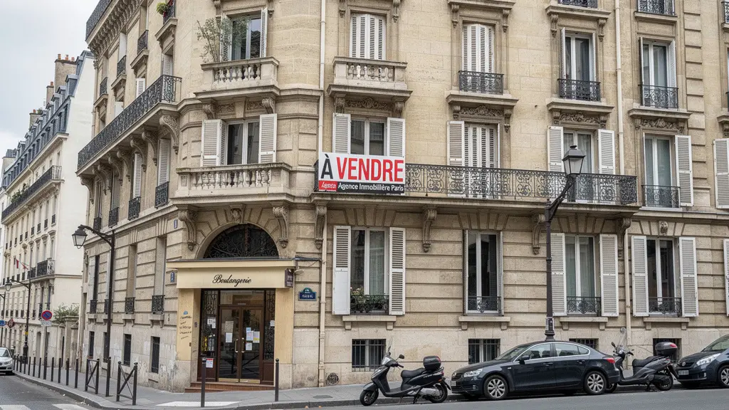 Façade d'immeuble résidentiel français avec panneau à vendre