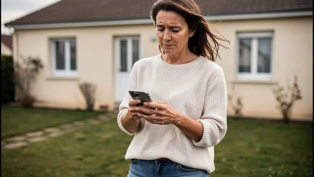 Propriétaire consultant une application d'estimation immobilière devant sa maison