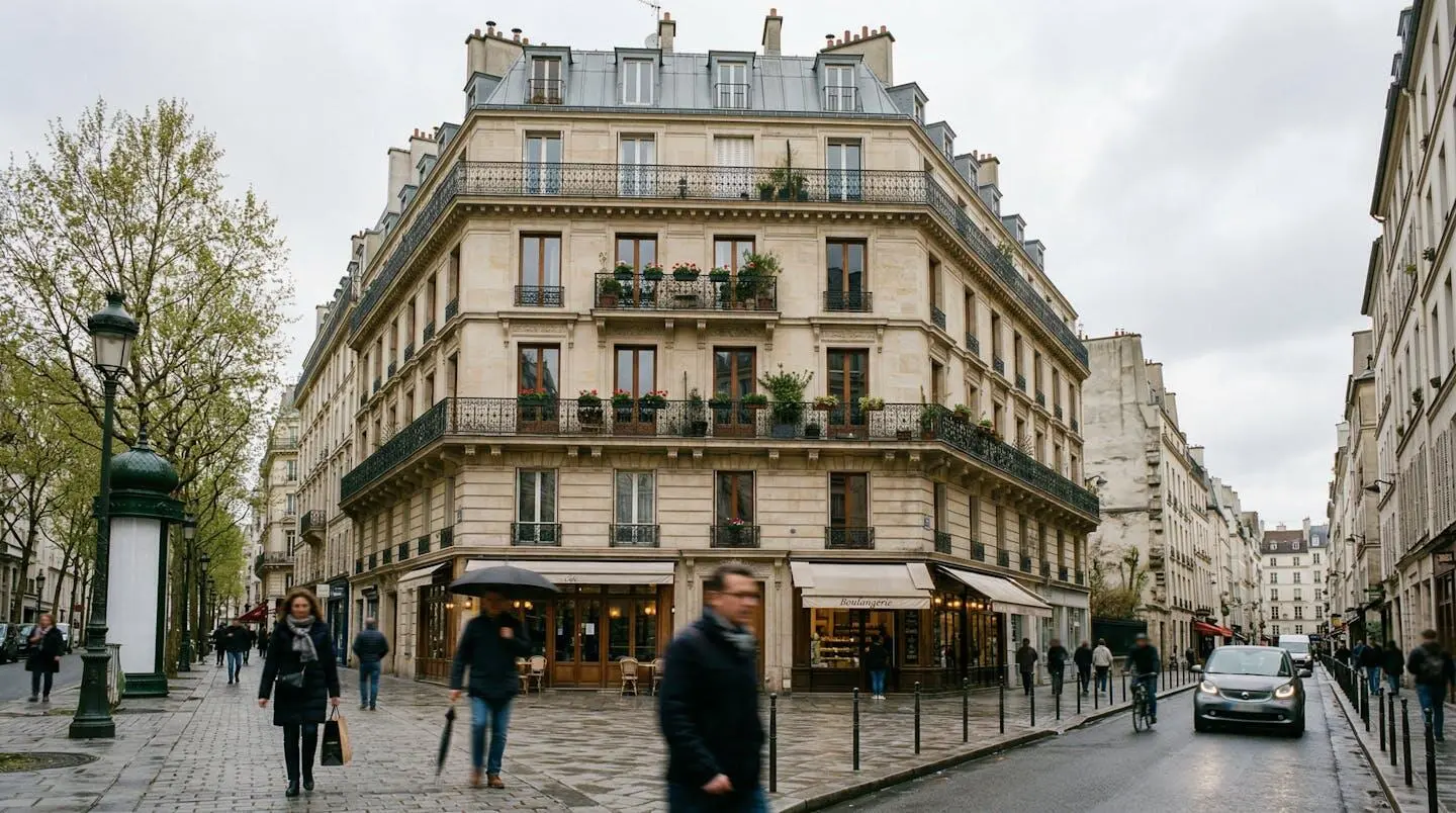 Façade d'un immeuble haussmannien dans une rue parisienne sous un ciel légèrement couvert