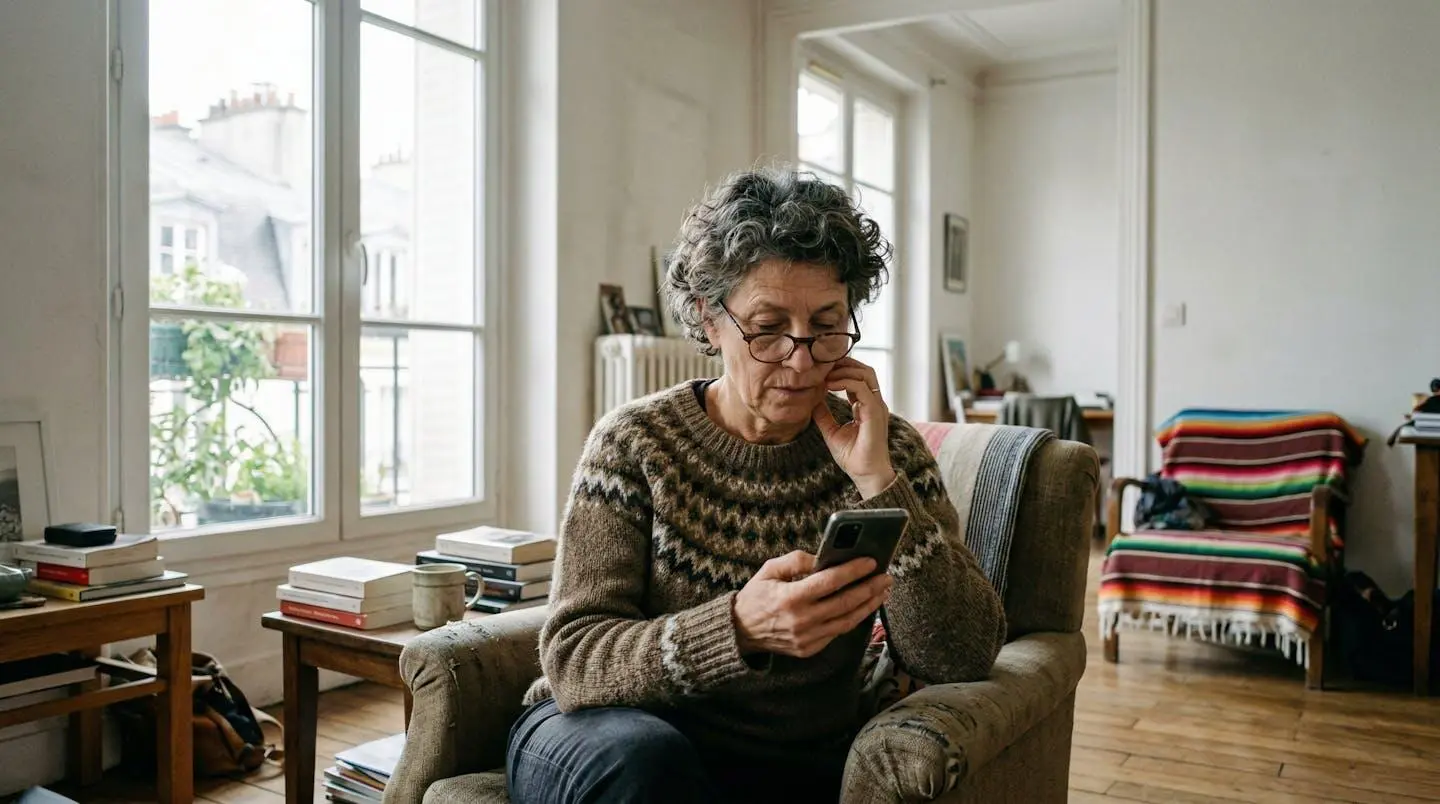 Une femme concentrée consulte son téléphone dans un salon lumineux aux tons clairs