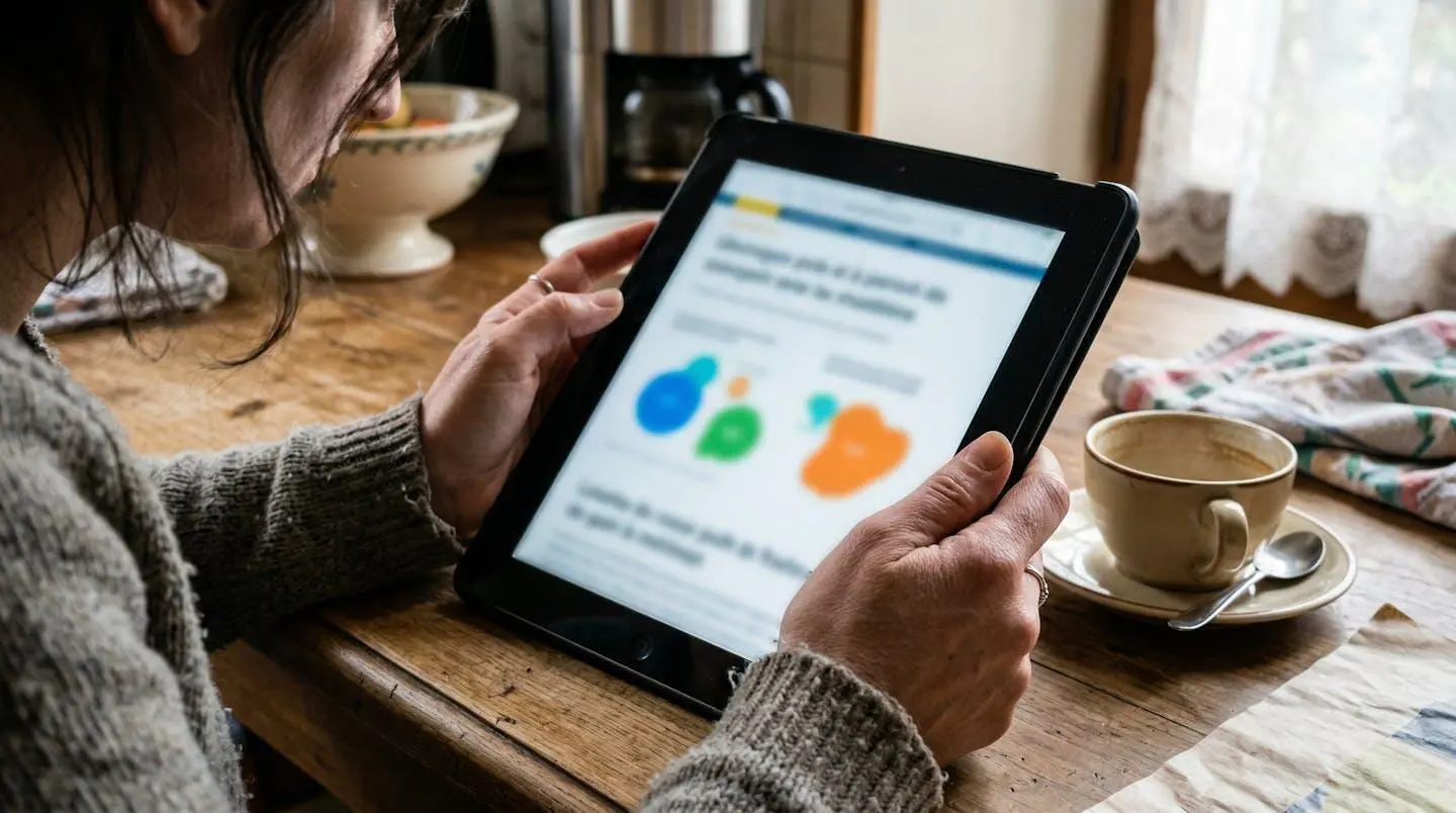 Gros plan sur des mains tenant une tablette montrant des graphiques floutés, sur une table de cuisine